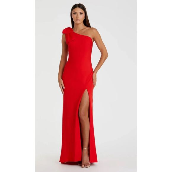 Ieena for Mac Duggal 26665 Red Bow One Shoulder Side Slit Gown READ - Picture 1 of 13